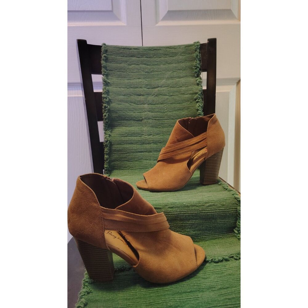 Penny Loves Kenny Tan Suede Open Toe Block Heel Booties - 9" Heel to Toe
